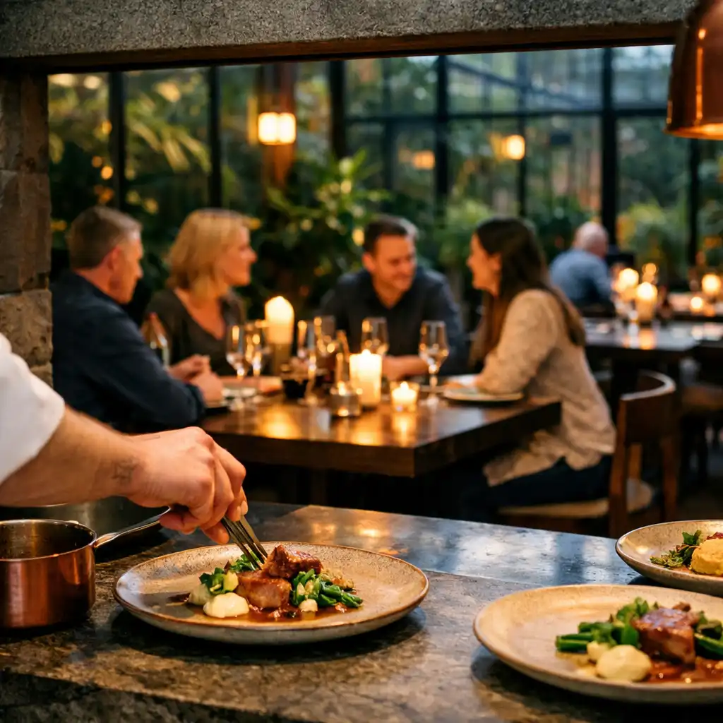 Otevřená kuchyně a hosté v jídelně restaurace