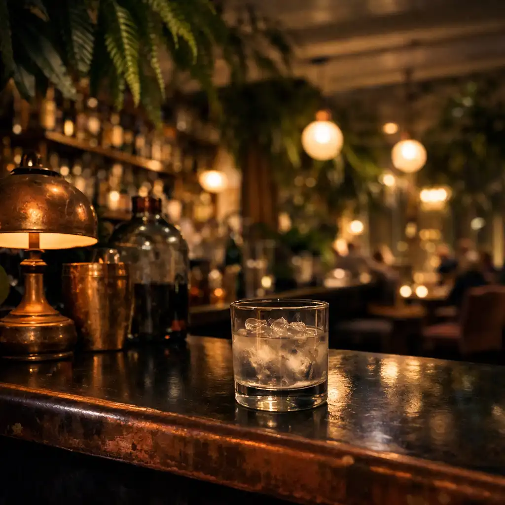Elegantní večerní bar s teplým světlem, kouřovým sklem a měděnými odlesky