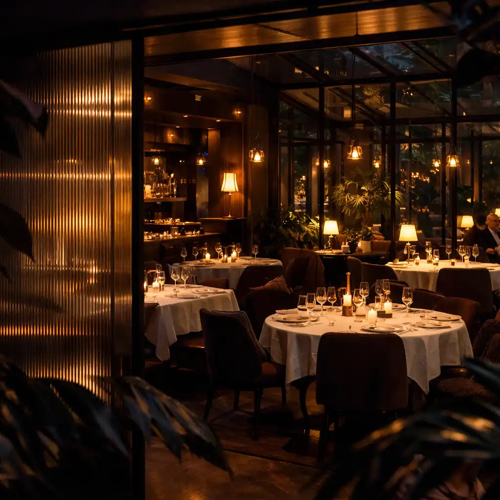 Večerní pohled do prosklené zimní zahrady restaurace Prazqelon
