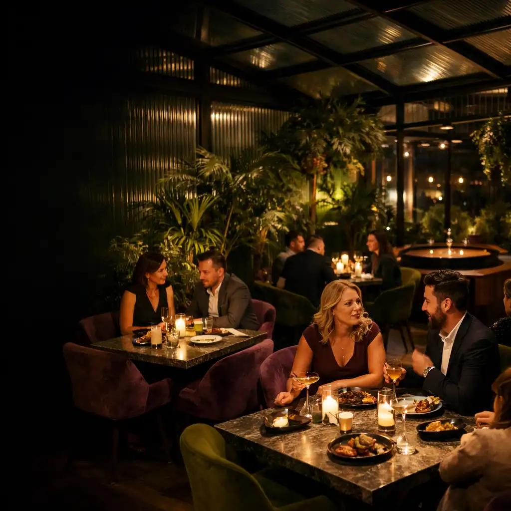 Večerní zimní zahrada restaurace se zelení, stoly a teplým světlem