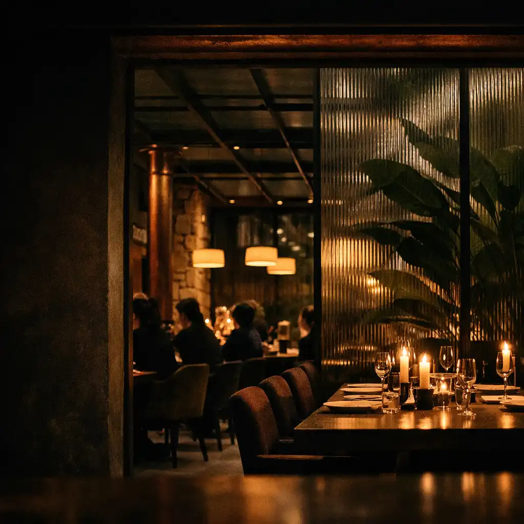 Večerní pohled do osvětlené zimní zahrady restaurace