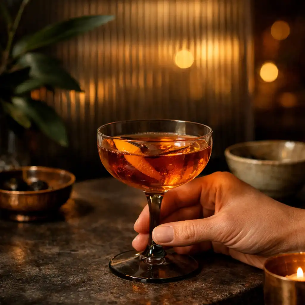 Detail sklenky aperitivu na tmavém kamenném baru